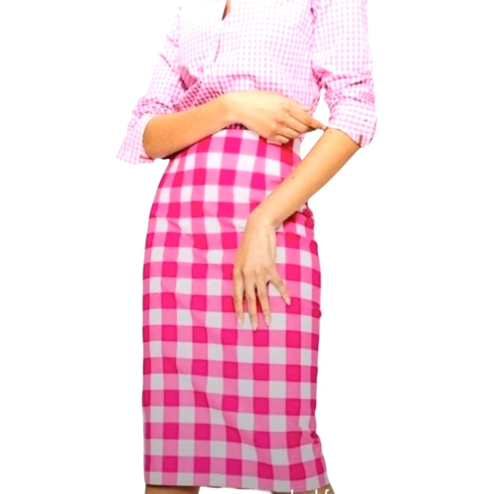 Boden Pink and White Checkered Pencil Skirt